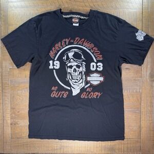 Harley Davidson T-Shirt Skull Black Sz Large 2-Sided No Gut No Glory Pig Trail